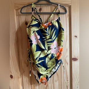 NWT Beach Betty’s Tropical Floral One-Piece Swimsuit - Navy with Green & Pink